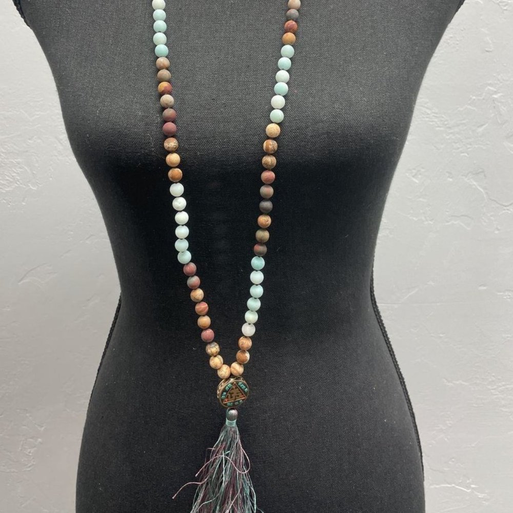 Hand Knotted Jasper & Blue Stone? Tassel Mala Necklace
